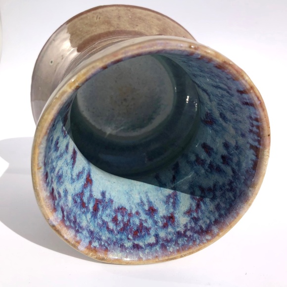 handmade pottery vase raku vessel leaves brown black blue drip 4 inches tall - Picture 11 of 16